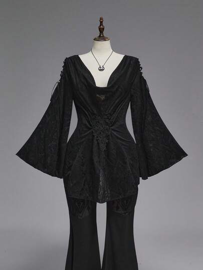 EDITION Blusa de manga acampanada con cuello halter, hombros descubiertos, estampado de paisley y cordones en la cintura, para mujer talla grande, Halloween