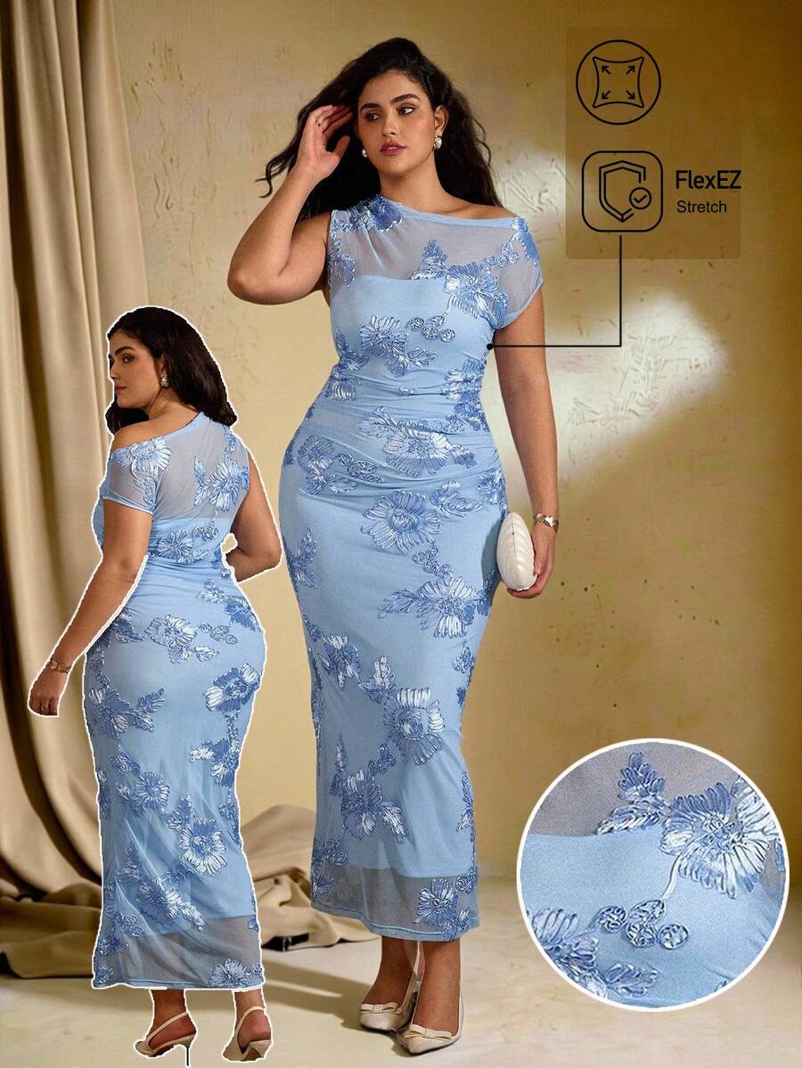 Roveilla Váy dự tiệc bodycon lưới họa tiết hoa vai lệch cỡ lớn, màu xanh lam - Màu xanh lam - Xem 1