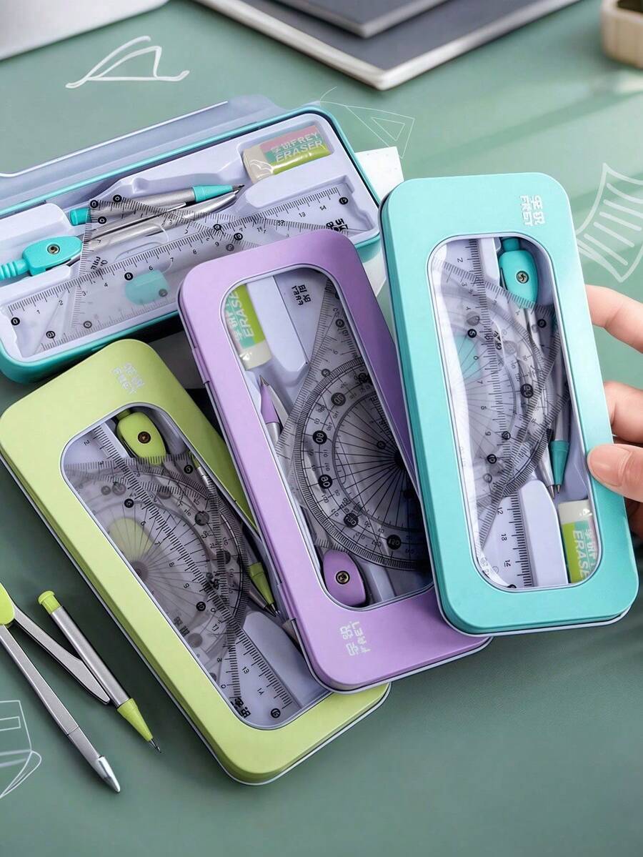 1 套极具吸引力的圆规尺子套装三角尺测试尺多功能尺子金属配件套装。