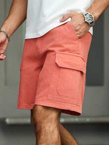 Manfinity Homme 男士夏季休闲工装牛仔短裤男友款水洗口袋直筒短裤外出 - 粉色 - 查看 3
