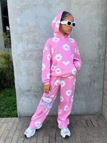 Set de 2 piezas de sudadera con capucha y pantalón jogger de estampado floral suave y casual para niñas preadolescentes - Rosa - Ver 4
