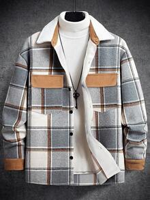 Manfinity Homme Men's Casual Street Plaid Print Flap Pocket Drop Shoulder Loose Overcoat, Old Money Style , Fall , Corduroy