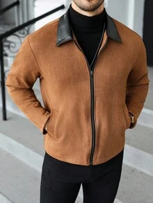 Manfinity CasualCool 男士长袖休闲通勤麂皮拉链翻领夹克，常规款，2025秋冬新款男士长袖外套，美式复古新款休闲商务弹力仿麂皮夹克，奢华风格，秋冬男士棕色麂皮夹克，男士休闲夹克，棕色拉链夹克，男士外套，抓绒 - 棕色 - 查看 3