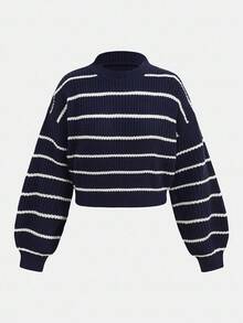 SHEIN 海軍藍與白色條紋基礎休閒圓領套頭衫，寬鬆燈籠袖秋季毛衣，返校季大學風休閒毛衣 - 藏蓝色 - 查看 5