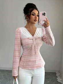 Elenzga Áo cánh tay bồng dáng chữ A thêu họa tiết vải voan cổ chữ V tay phồng thời trang xuân/thu mới của Pháp dành cho nữ - Nhiều màu - Xem 5