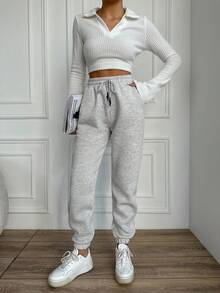 SHEIN Plus Size Cotton Ladies' Drawstring Waist Solid Grey Color Long Jogging Pants - Light Grey - View 5