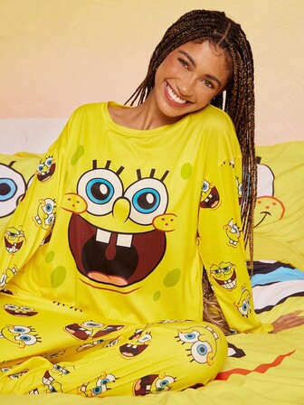 SpongeBob SquarePants | SHEIN Kvinnor Tecknade Söta Roliga Ansiktstryck Rund Hals Långärmade Toppar Och Byxor, Höst/Vinter Kvinnor Pyjamas Klädset Gul Outfit Tecknade Pyjamaskläder Kvinnor