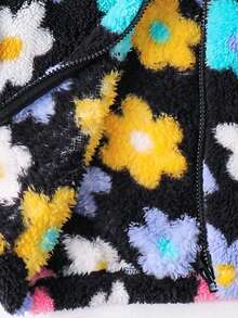 SHEIN 年轻女孩彩色花卉针织蓬松宽松休闲立领夹克，秋季 (10) 和冬季 (5)，颜色：黑色、蓝色、绿色、蓝色、红色、粉色 - 黑色 - 查看 6