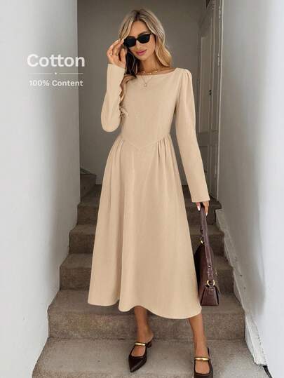 Easowa Luźna sukienka midi w kolorze khaki, wykonana w 100% z bawełny, z długim rękawem i ściągaczem w talii, dla kobiet, jesień/zima