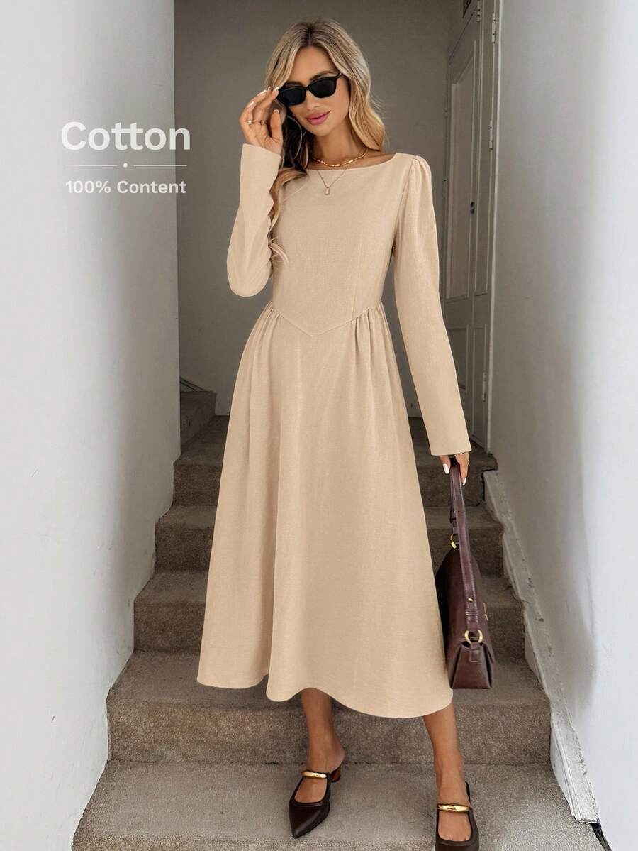 Easowa Luźna sukienka midi w kolorze khaki, wykonana w 100% z bawełny, z długim rękawem i ściągaczem w talii, dla kobiet, jesień/zima