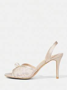 CUCCOO HITCHD Apricot Pointed Toe Stiletto Heel Lace Mesh Pearl Elegant Wedding Party Women's High Heel Sandals Open Toe Sandals For Christmas - Apricot - View 2
