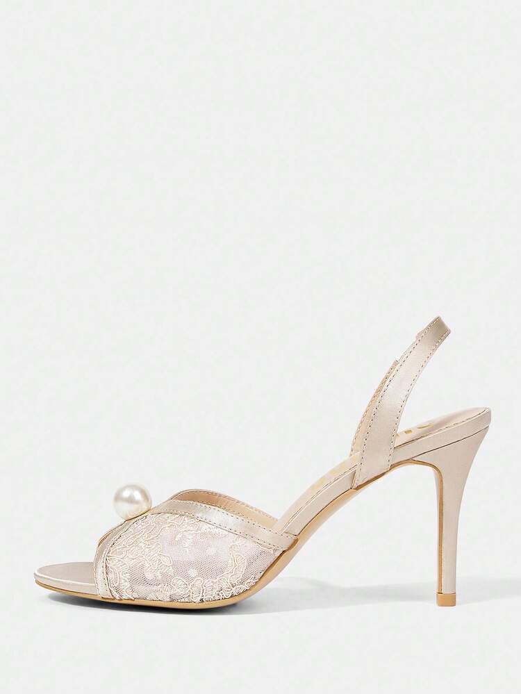 CUCCOO HITCHD Apricot Pointed Toe Stiletto Heel Lace Mesh Faux Pearl Elegant Wedding Party Women's High Heel Sandals Open Toe Sandals For Christmas Elegant Shoes Wedding Shoes Summer Shoes Bride Shoes