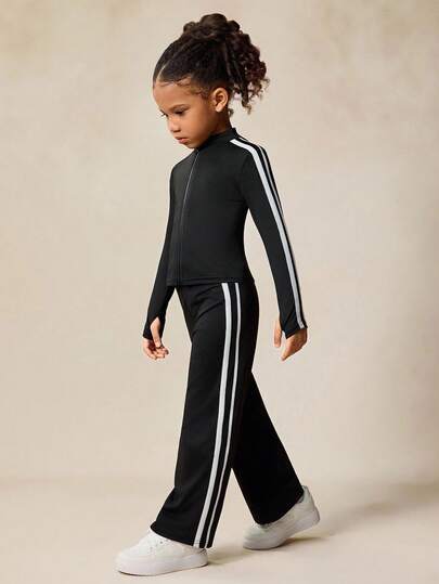 Sparklyn 4-Way Stretch High Stretch Young Girls Black Ribbed Splice Long Sleeve Jacket And Skinny Straight Pants Set, Fitted Yoga Fitness Casual Outdoor Sports Suit Fall Winter