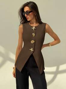 Aloruh Blazer sin mangas con cuello redondo minimalista para oficina y viajes, con decoración metálica, para mujer en otoño/invierno