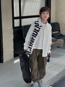Mirajuku Tween BoyCasual Minimalist Letter Print Design White Long Sleeve Shirt, Suitable For Casual And Work Wear - White - View 1