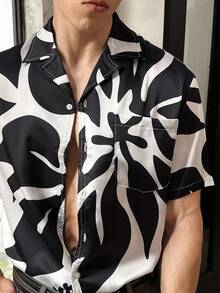 SWAVVY Herren Lässig Urlaubsstil Schwarz & Weiß Blume Muster Webhemd mit Kurzarm, Sommer