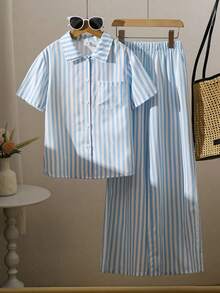 青少年女孩休闲条纹衬衫和裤子 T 恤套装，适合度假、郊游、学校、风格 - 彩色 - 查看 2