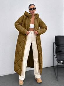EURMUSE Women's Hooded Waist Drawstring Quilted Long Winter Down Coat - Brown - View 6