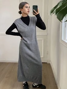 DAZY 女式休闲纯色V领无袖针织毛衣裙，秋季 - 棕色 - 查看 3