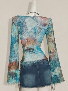 SHEIN ICON 秋季女式西部波西米亚风蓝绿色全身印花V领褶饰优雅长袖衬衫 - 彩色 - 查看 2