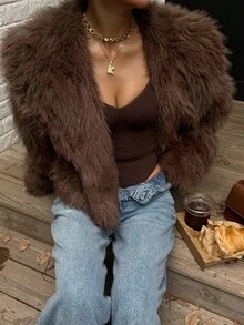 DAZY 女士加厚短款仿毛皮外套，棕色，秋冬女式外套 - 棕色 - 查看 5