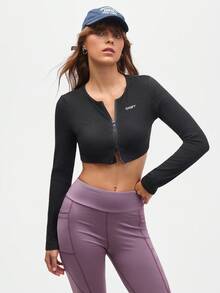 Gameset SHEIN Sport 女式休闲字母图案短款运动T恤，秋季 - 黑色 - 查看 3
