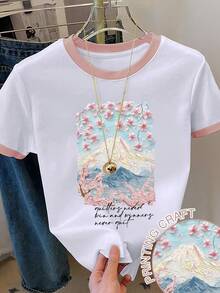 SHEIN Áo thun tay ngắn in họa tiết hoa và khẩu hiệu Colorblock cỡ lớn - trắng - Xem 1