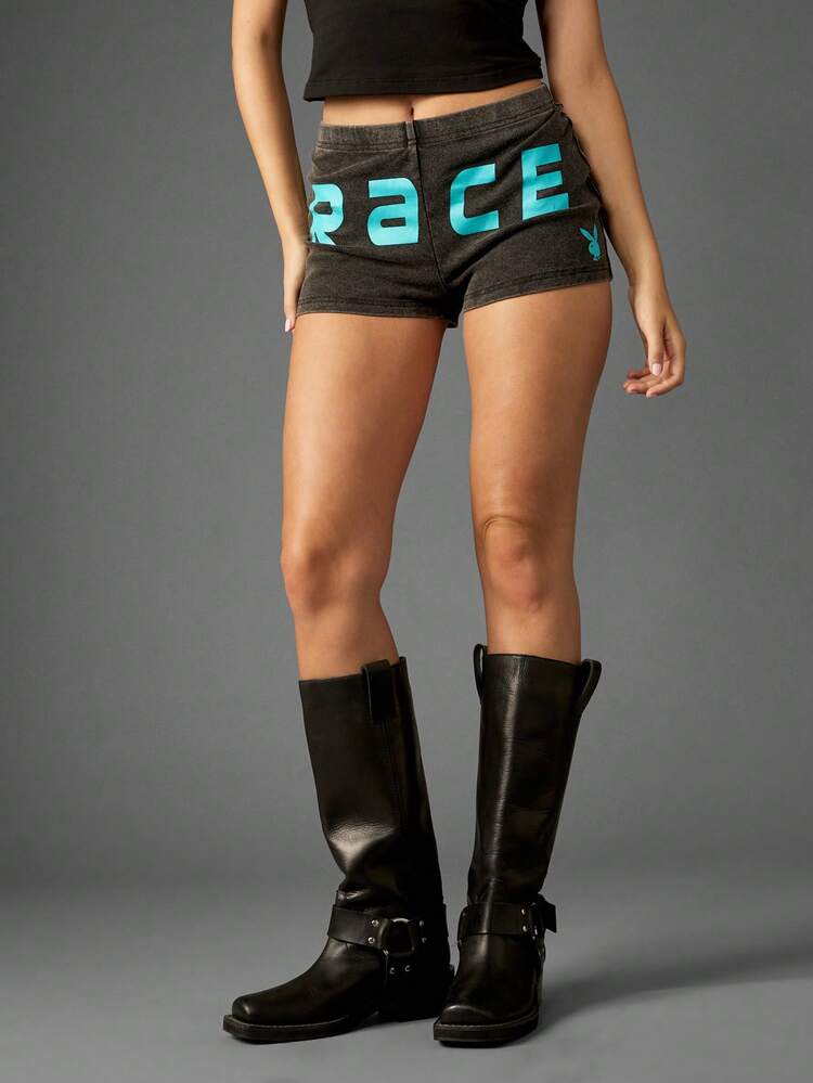 Missguided x Playboy Washed Heather Cycling Shorts With Bunny Logo Graphics For Summer Loungewear