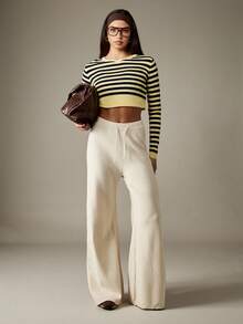 MISSGUIDED Women's Knitted Wide Leg Palazzo Trousers With Drawstring Waist Fall Winter Casual Pants - Apricot - View 3