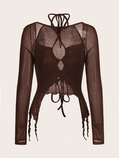 Blusa de manga larga con escote cruzado transparente y bajo asimétrico, estilo vintage, para otoño