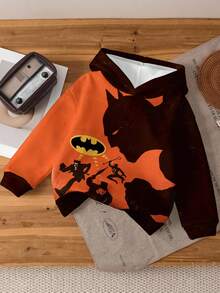 BATMAN X SHEIN Áo nỉ chui đầu họa tiết hoạt hình đơn giản rộng rãi thoải mái cho bé trai, thích hợp mặc vào mùa thu đông, trở lại trường học - Nhiều màu - Xem 2