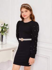 SHEIN Tween Girl Pearls Beaded Puff Sleeve Form Fitted Dress - Black - View 2