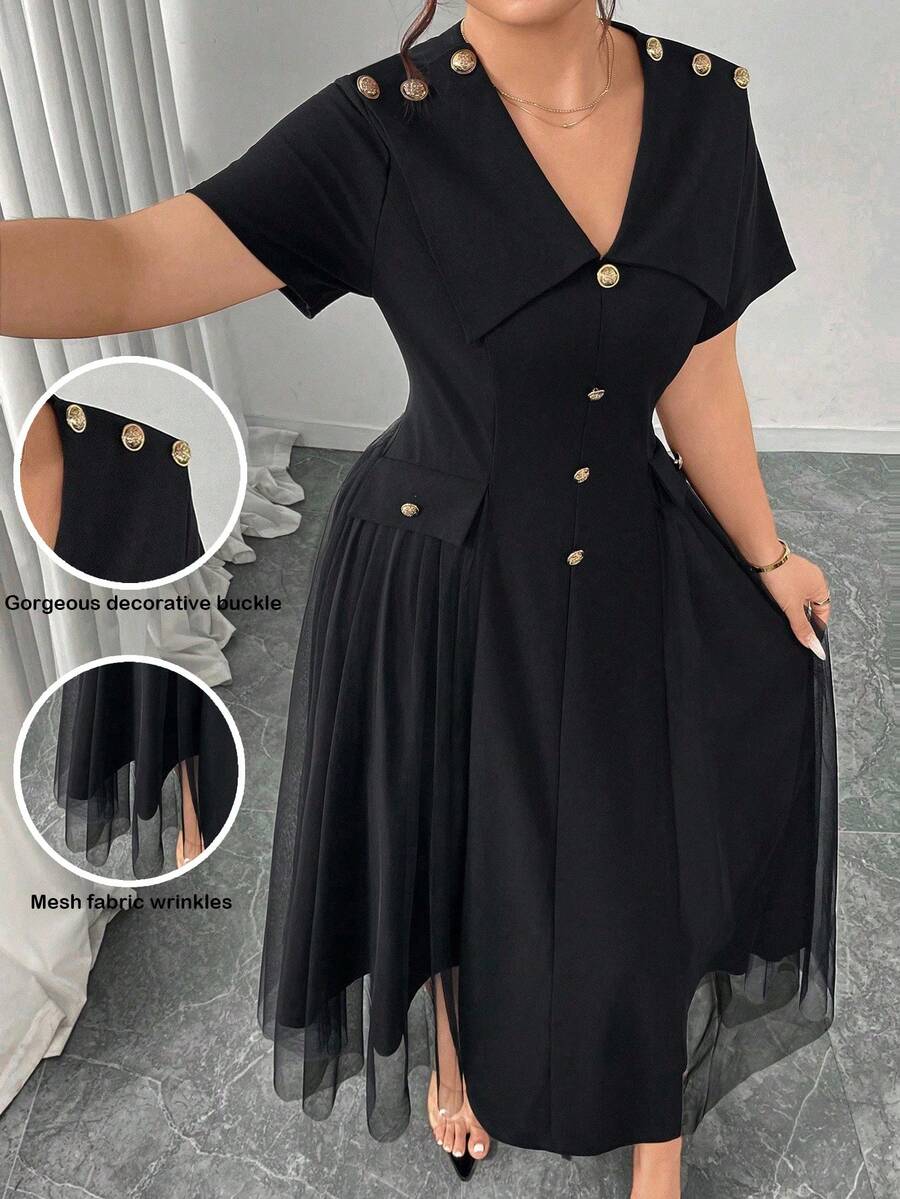 Modelyn 夏季大码优雅纯色网眼拼布连衣裙