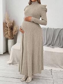 SHEIN Elegant Autumn Maternity Photoshoot Dress, Pregnant Women Stand Collar Ribbed Dress,Long Sleeve Solid Bump Friendly Fall Casual Dress - Apricot - View 4