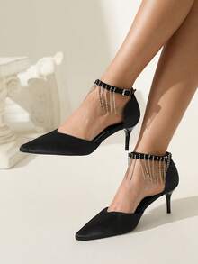 CUCCOO CHICEST Women's Pointed Toe Rhinestone Pendant Mid Heel Pumps, Elegant Luxurious Romantic Gothic Fashion Sexy Black Satin High Heels, Hollow Out Formal Dress Shoes For Wedding, Party, Cocktail, Holiday - Black - View 6