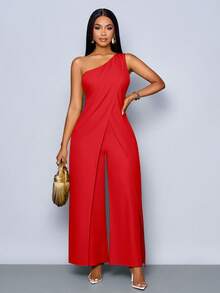 SOLERSUN Tuta larga con spacco e una spalla senza maniche, di moda per donna in primavera ed estate per uso quotidiano - Rosso - Visualizzare 3