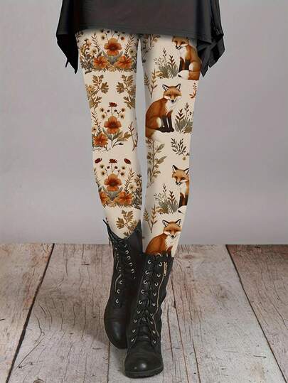 EMERY ROSE 女士弹力紧身打底裤，饰有迷人狐狸和花卉图案 - 舒适的涤纶混纺面料，松紧腰带，四季皆宜