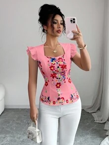 Selianne 女式花卉印花休闲衬衫，鸡心领口，飘袖 - 淺粉色 - 查看 1