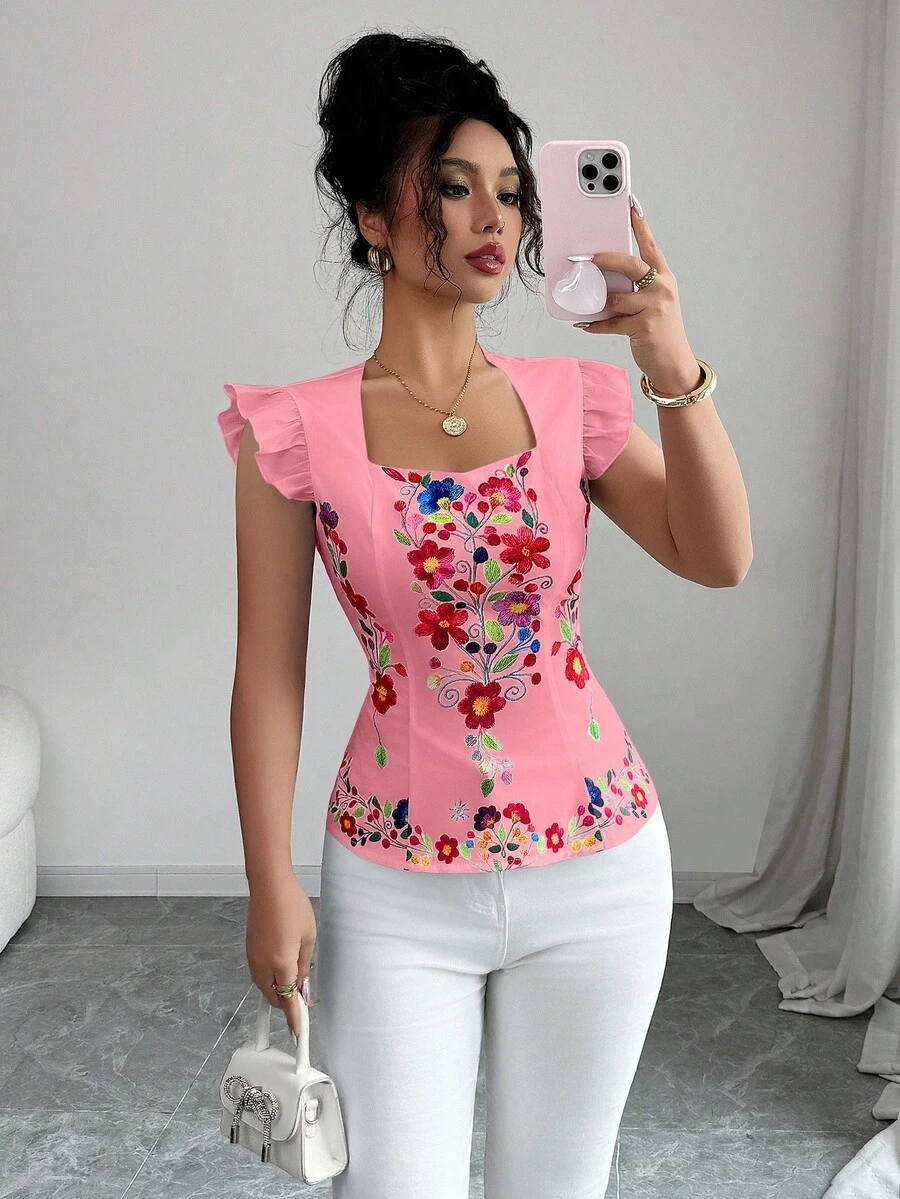 Selianne 女式花卉印花休闲衬衫，鸡心领口，飘袖 - 淺粉色 - 查看 1