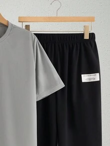 SHEIN 2 件套青少年男童休闲简约字母印花圆领套头衫，适合夏季运动、跑步、户外 - 灰色 - 查看 7