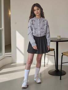 SHEIN 2 件套优雅蝴蝶结针织毛衣和褶皱针织裙套装，女童冬季服装