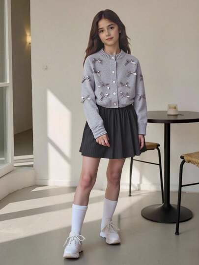 SHEIN 2 件套优雅蝴蝶结针织毛衣和褶皱针织裙套装，女童冬季服装