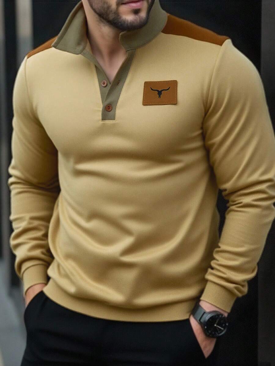 Manfinity Homme Casual Fashion Versatile Long Sleeve Polo Collar Men Pullover Sweatshirt - Khaki - View 1