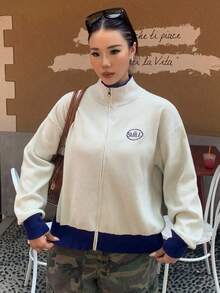 Dazy Plus Chaqueta de punto con cremallera y bloqueo de color con patrón bordado, informal y de talla grande para mujer, otoño/invierno - Albaricoque - Ver 5