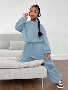 SHEIN Tween Girls Loose Casual Versatile Reflective Print Pullover Hoodie And Drawstring Hem Sweatpants Set Blue Two Piece Set Girl Co Ord Sets Casual Two Piece Set Fall Winter - Baby Blue - View 7