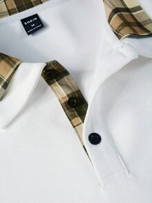 Manfinity Homme 男士格子印花纽扣休闲时尚长袖 Polo 衫，男士白色和棕色衬衫，男士长袖 Polo 衫，白色 Polo 衫，男士翻领衬衫，格子饰边 Polo 衫，秋季 - 白色 - 查看 7