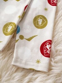 HARRY POTTER X SHEIN Conjunto de sudadera de manga larga con estampado integral y pantalones cortos de estilo escolar informal para niña preadolescente, para primavera/verano/otoño