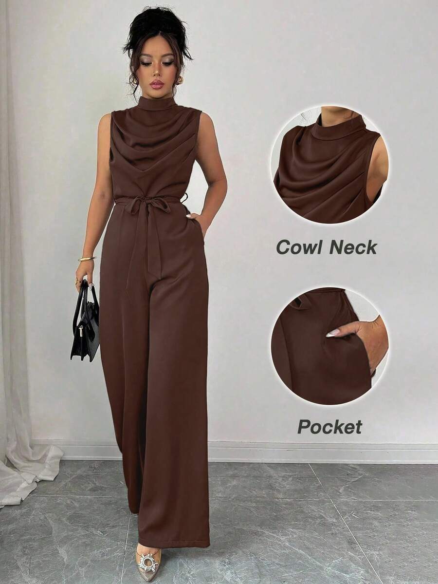 Elenzga Bộ đồ liền thân không tay cổ đứng màu xanh lá cây thanh lịch dành cho nữ, mùa xuân/hè - màu nâu - Xem 1