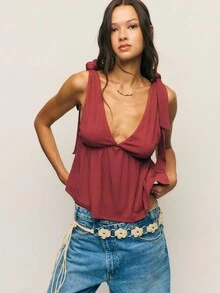 Nöista 女式性感纯色深V领无袖系带短款上衣，夏季 - 紅木色 - 查看 1