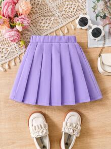 SHEIN Young Girl Solid Color Elastic Waist Pleated A-Line Skirt Fall Winter - Mauve Purple - View 2